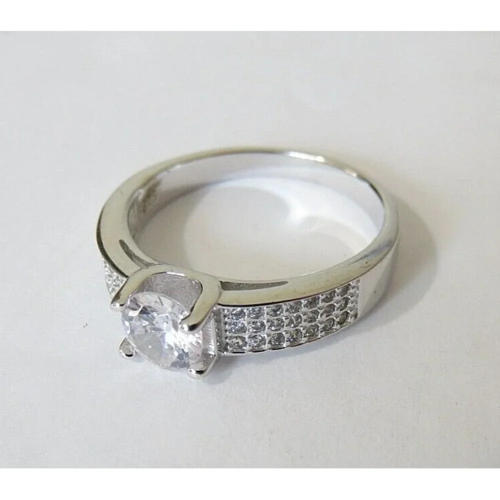 Sterling Silver Crystal Solitaire Ring with Pavé Band